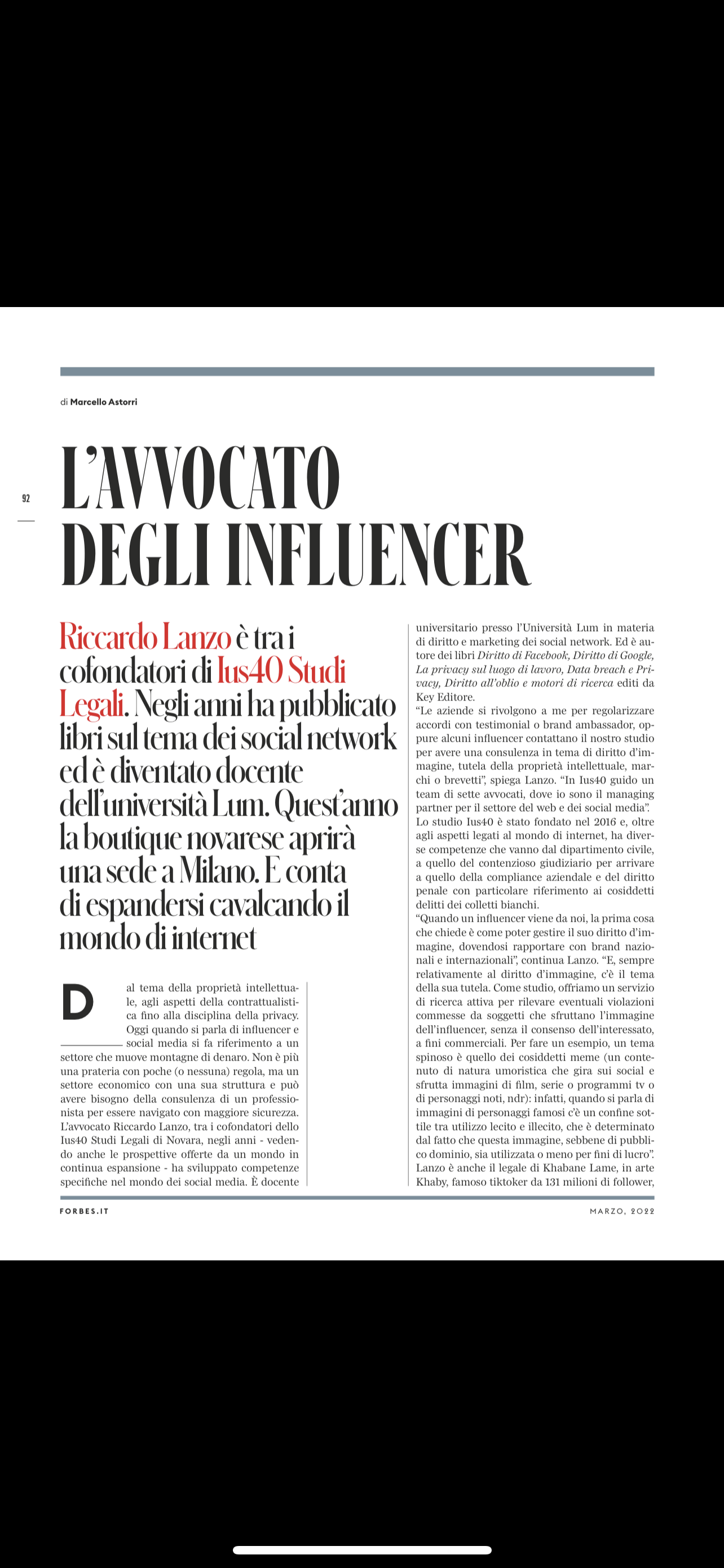Pagina di Forbes Italia del marzo 2022 dedicata a Riccardo Lanzo